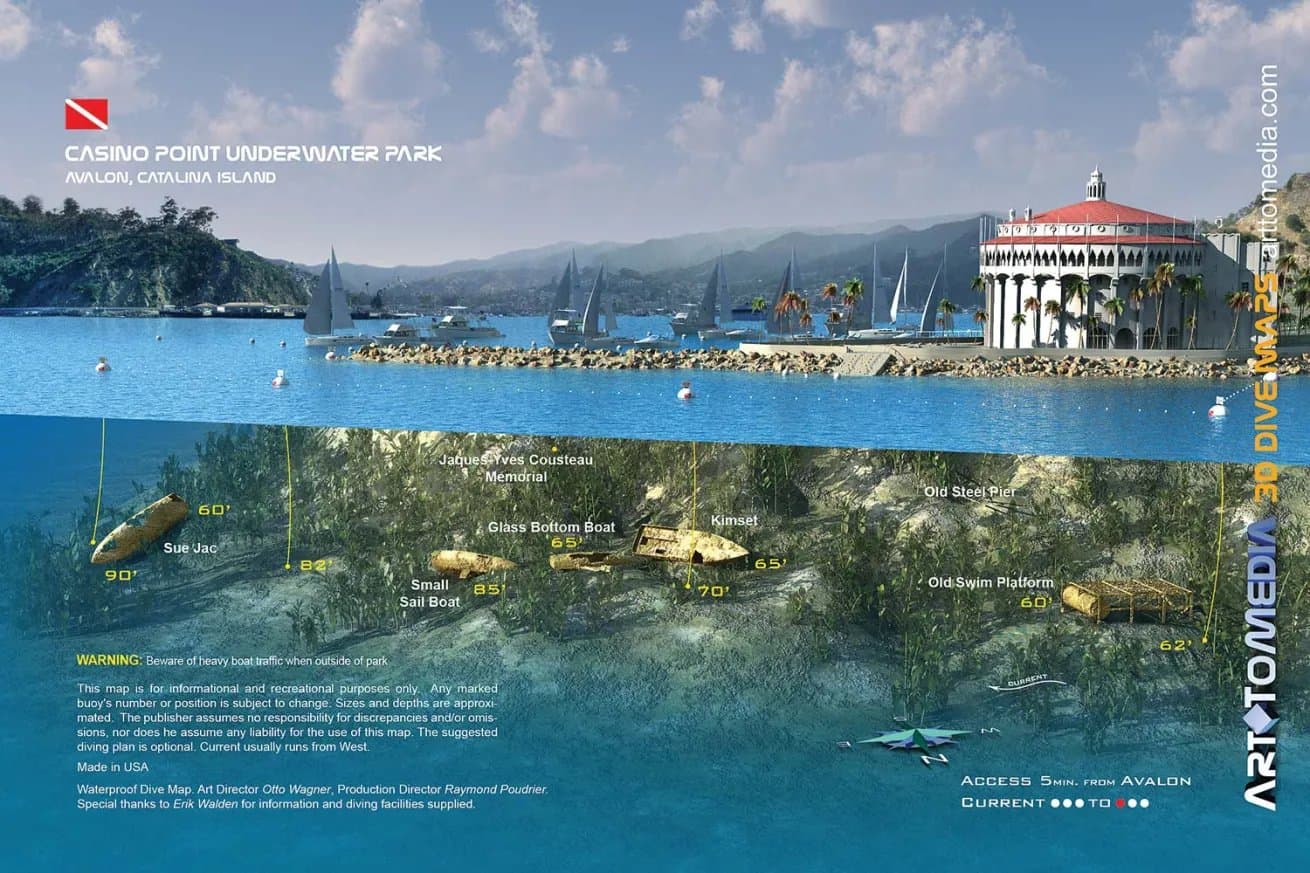 Illustrated cutaway of Casino Point Underwater Park below the Avalon casino