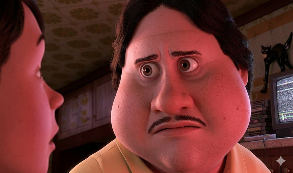 Animated character with brown mustache and wide concerned eyes in a vintage room with floral wallpaper and a CRT TV showing static