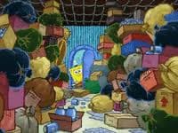 SpongeBob looking small and overwhelmed inside a chaotic room overflowing with random objects, junk, and cardboard boxes