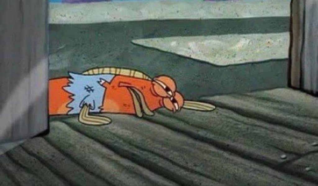Squidward from SpongeBob lying face-down and exhausted on a cement road in the empty Bikini Bottom streets