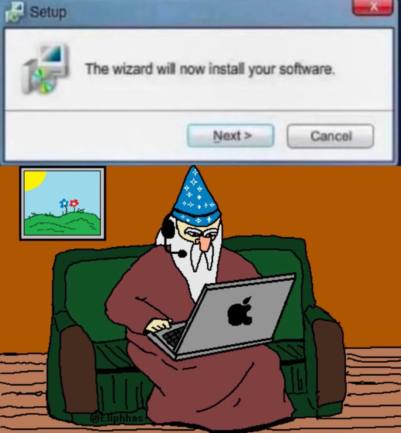 Cartoon wizard in a blue starry hat sitting on a green couch typing on an Apple MacBook, with a vintage Windows setup dialog overlay reading 'The wizard will now install your software'