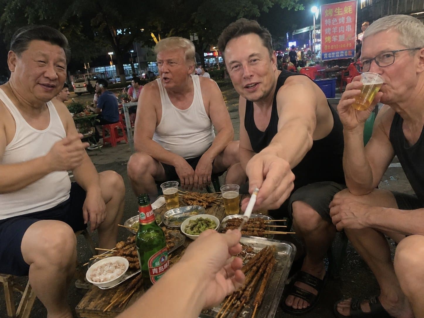 AI-generated image of four men resembling Xi Jinping, Donald Trump, Elon Musk, and Tim Cook wearing white tank tops, drinking beer and eating meat skewers at a Chinese night market