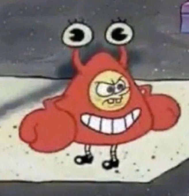 Mr. Krabs from SpongeBob standing with a forced fake smile, a tense gritted-teeth emoji superimposed on his chest