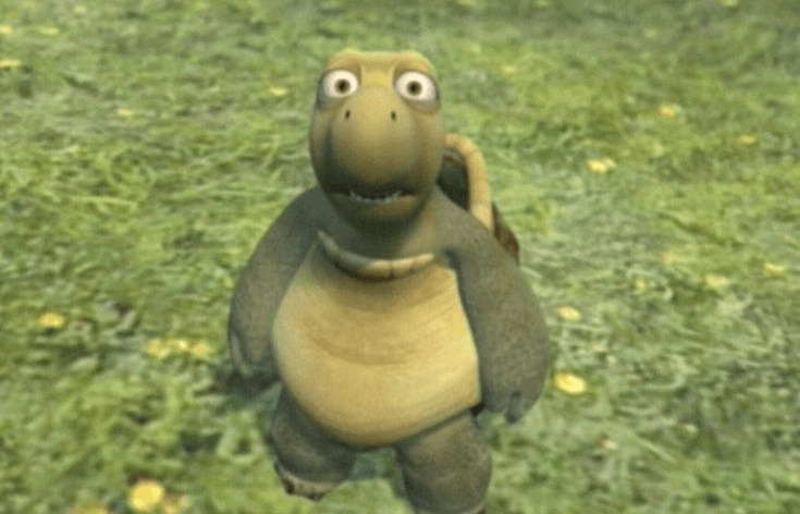 Verne the box turtle from Over the Hedge standing in grass, looking up wide-eyed