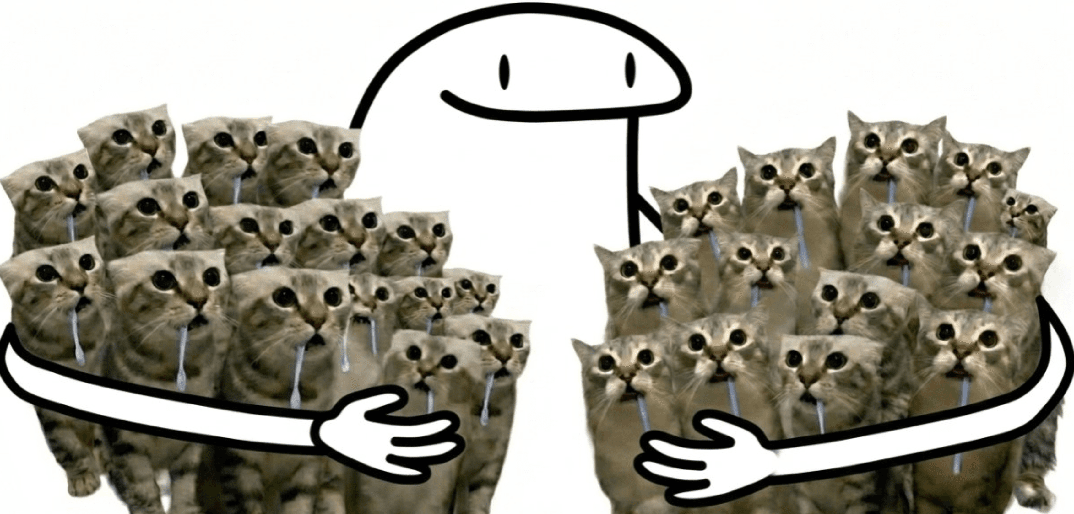 Flork stick-figure meme smiling while wrapping its long arms around two large bundles of teary-eyed tabby cats, each crying blue cartoon tears
