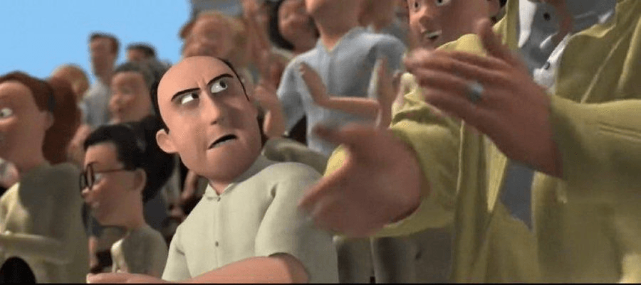 Bald animated bystander from Over the Hedge standing in a crowd with a skeptical expression while others around him gesture excitedly