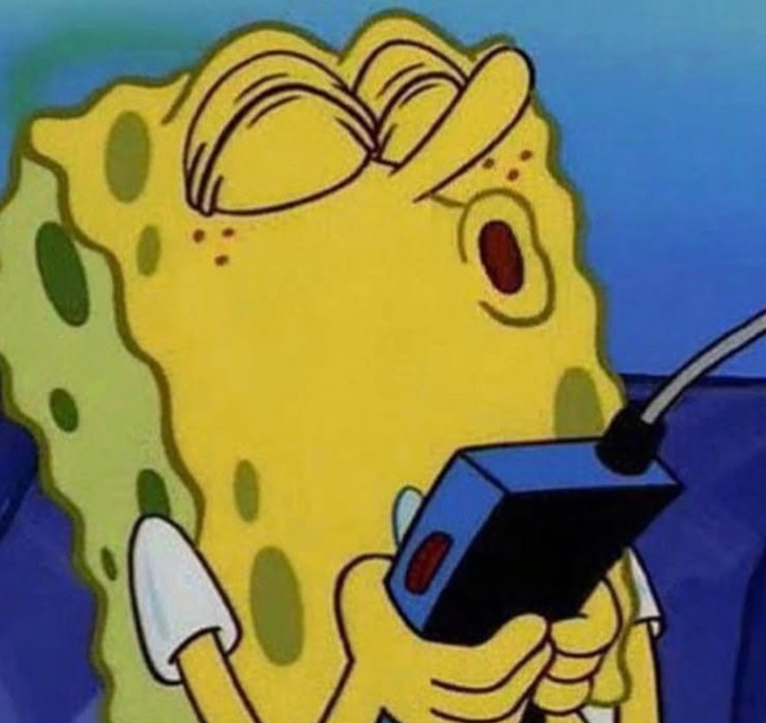 SpongeBob squinting hard with one tiny eye open, straining to read a small blue handheld device on a cord that he's holding up close to his face
