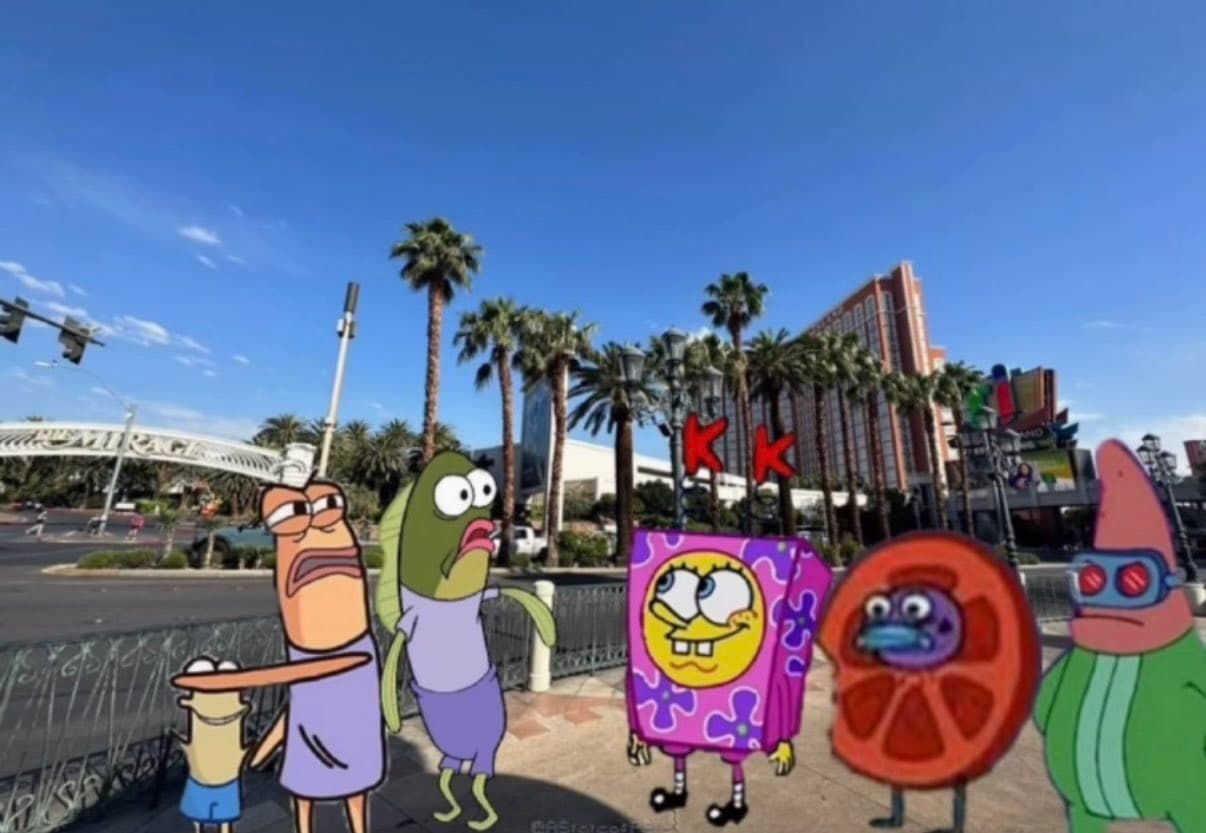 Cartoon SpongeBob characters including Patrick, fish bystanders, and a stylized purple-and-pink SpongeBob photoshopped onto a Las Vegas Strip photo featuring palm trees and the Mirage hotel sign