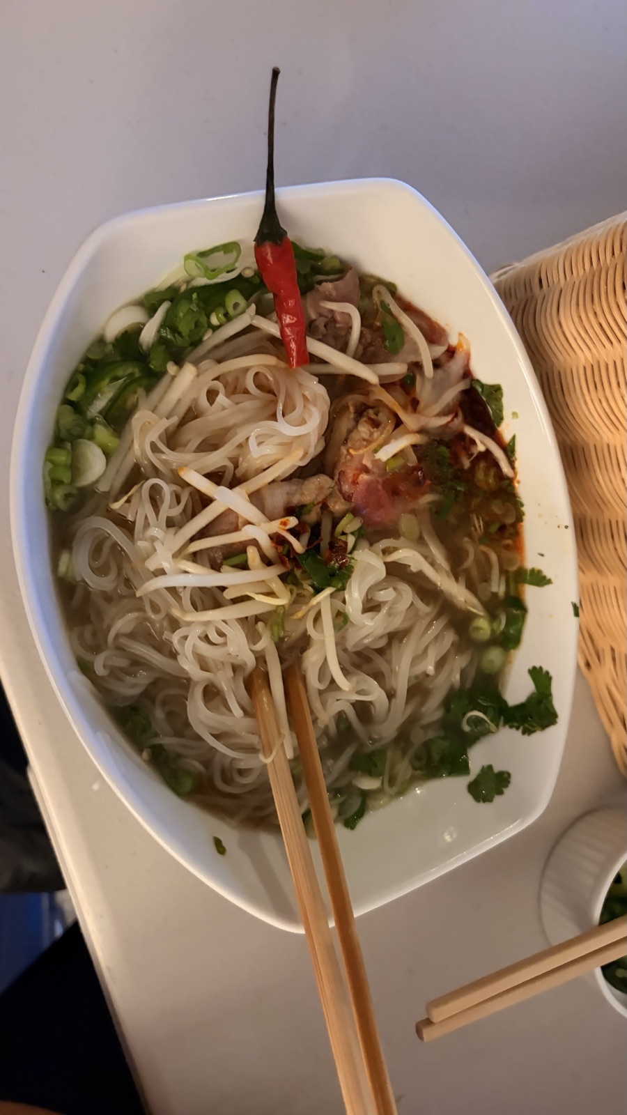 Restaurant-style: sprouts, herbs, a whole chili